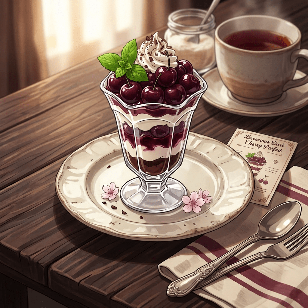 Glass of cherry parfait with whipped cream, fresh cherries, and mint on a decorative plate with flowers, next to tea cup and utensils
