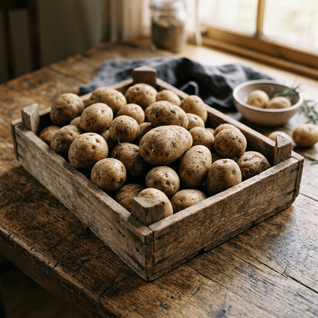 Wooden crate filled with fresh unwashed potatoes on a rustic wooden table