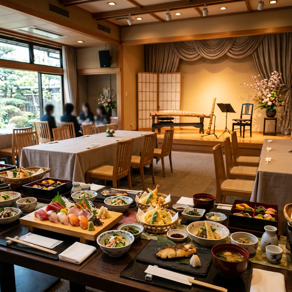 Japanese meal set before a dining room stage with koto and shamisen