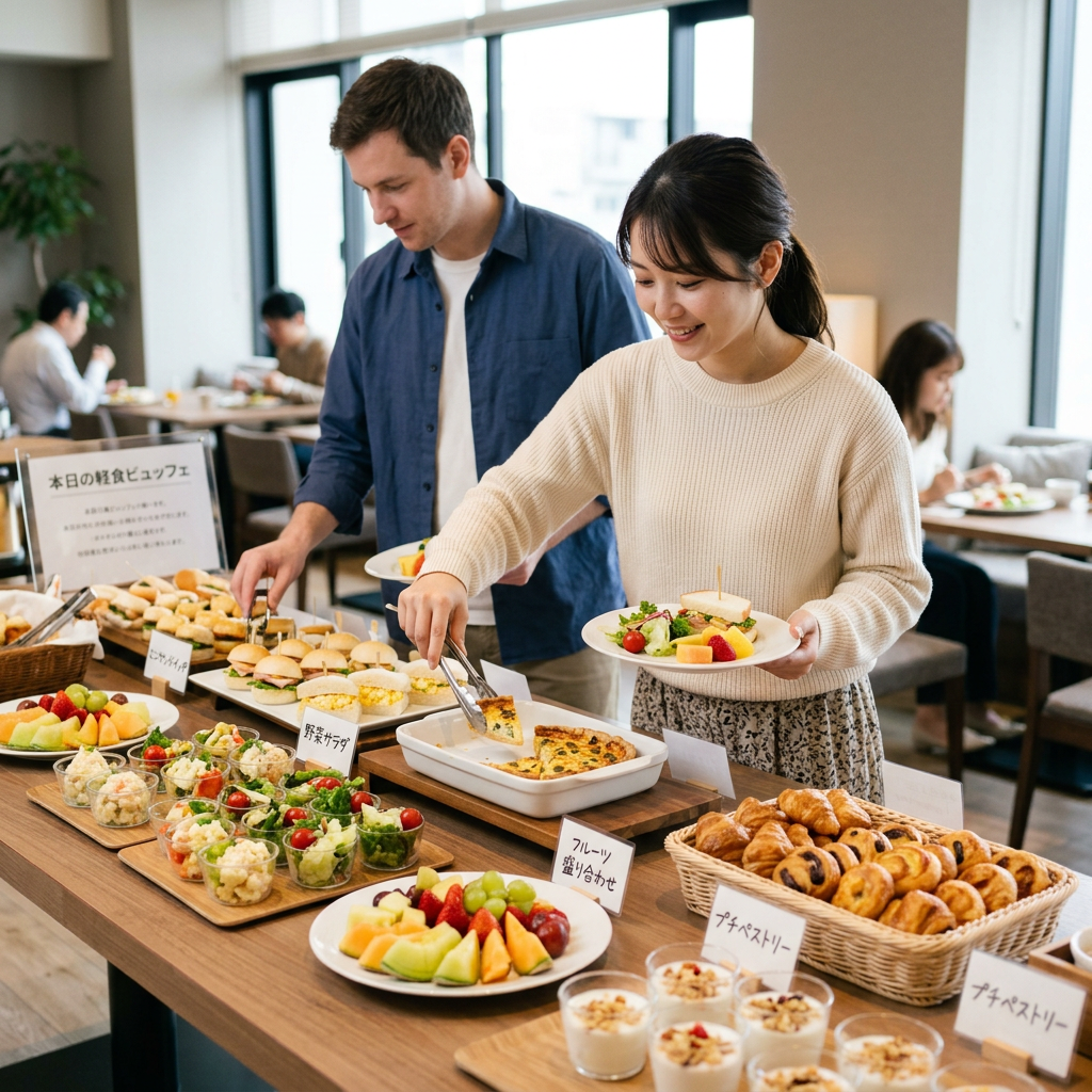 Two guests choosing food from a cafeteria buffet with salads, fruit, pastries, and hot dishes
