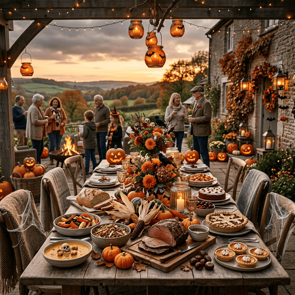 Outdoor autumn dinner table with food, lanterns, guests, and countryside views
